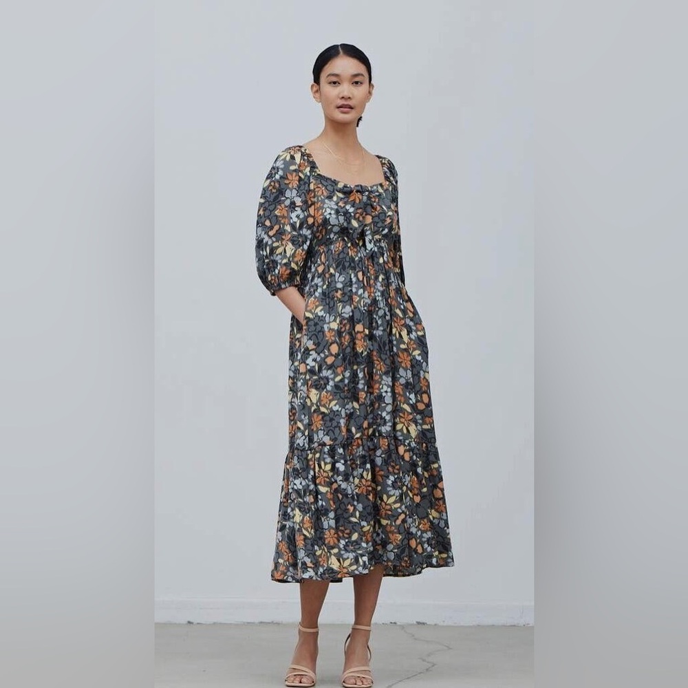 Grade & Gather Tie Bow Floral Dress Puff Sleeve Midi